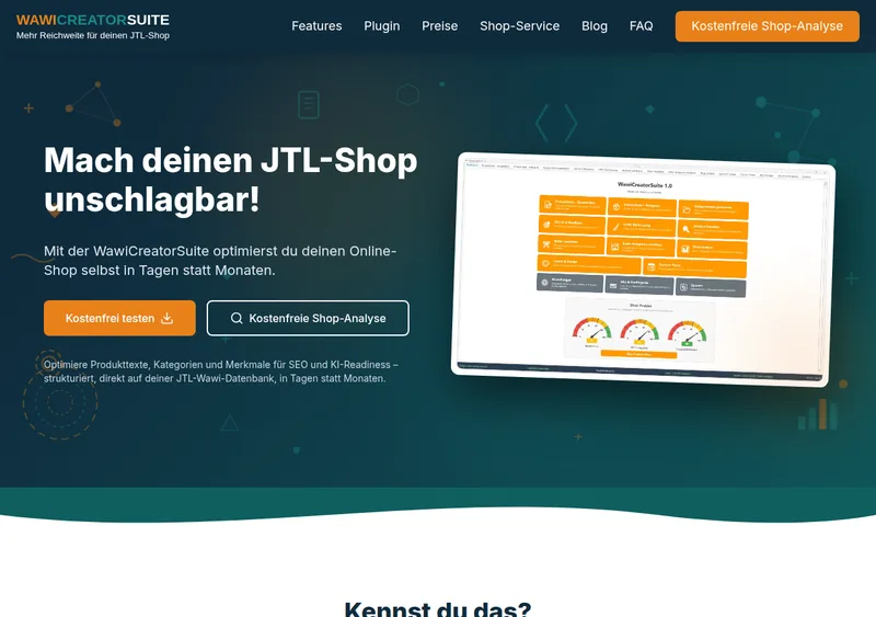 Webseite wawicreatorsuite.de - KI-Tools für JTL-Shops, gebaut von Martin Kleine